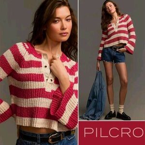 Pilcro Bell Sleeve Red and Cream Striped V-Neck Henley Sweater Sz Med